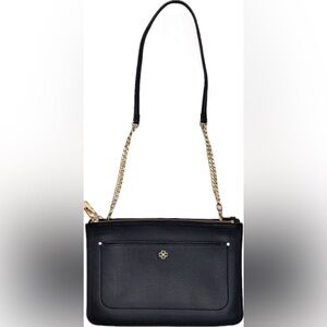 Ann Taylor Black Leather Shoulder Bag with Gold  chain & logo